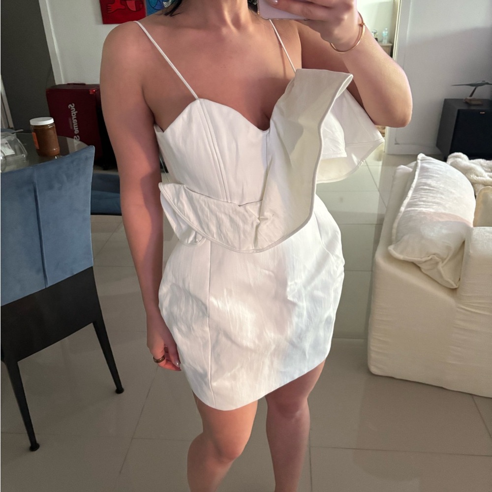 Zara White Asymmetric Ruffle Spaghetti Strap Mini Dress